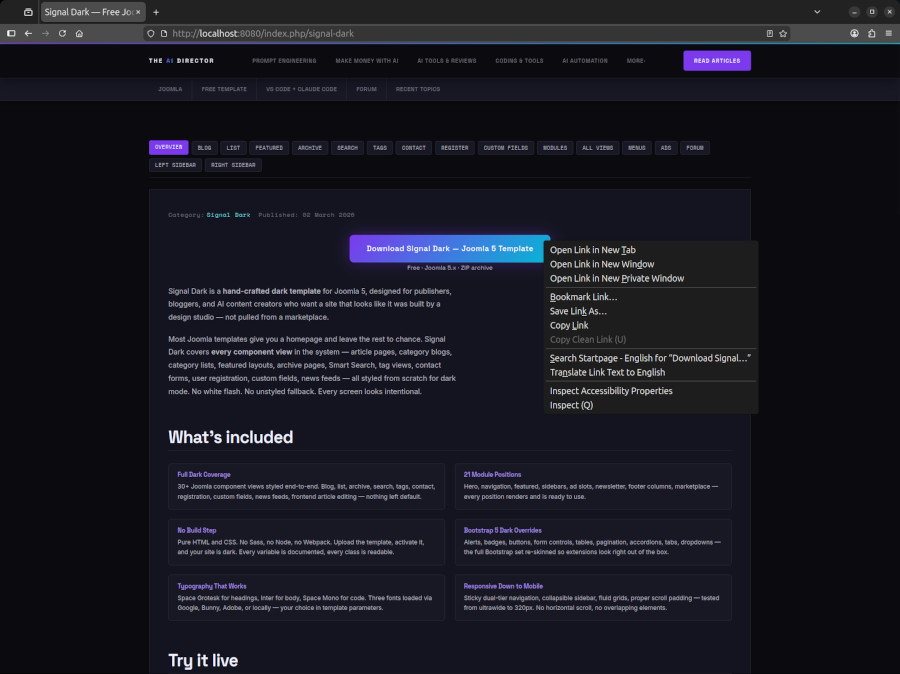 Right-clicking on a page element — the context menu shows Inspect at the bottom