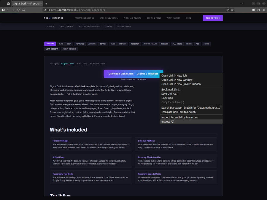 Context menu with Inspect (Q) highlighted at the bottom