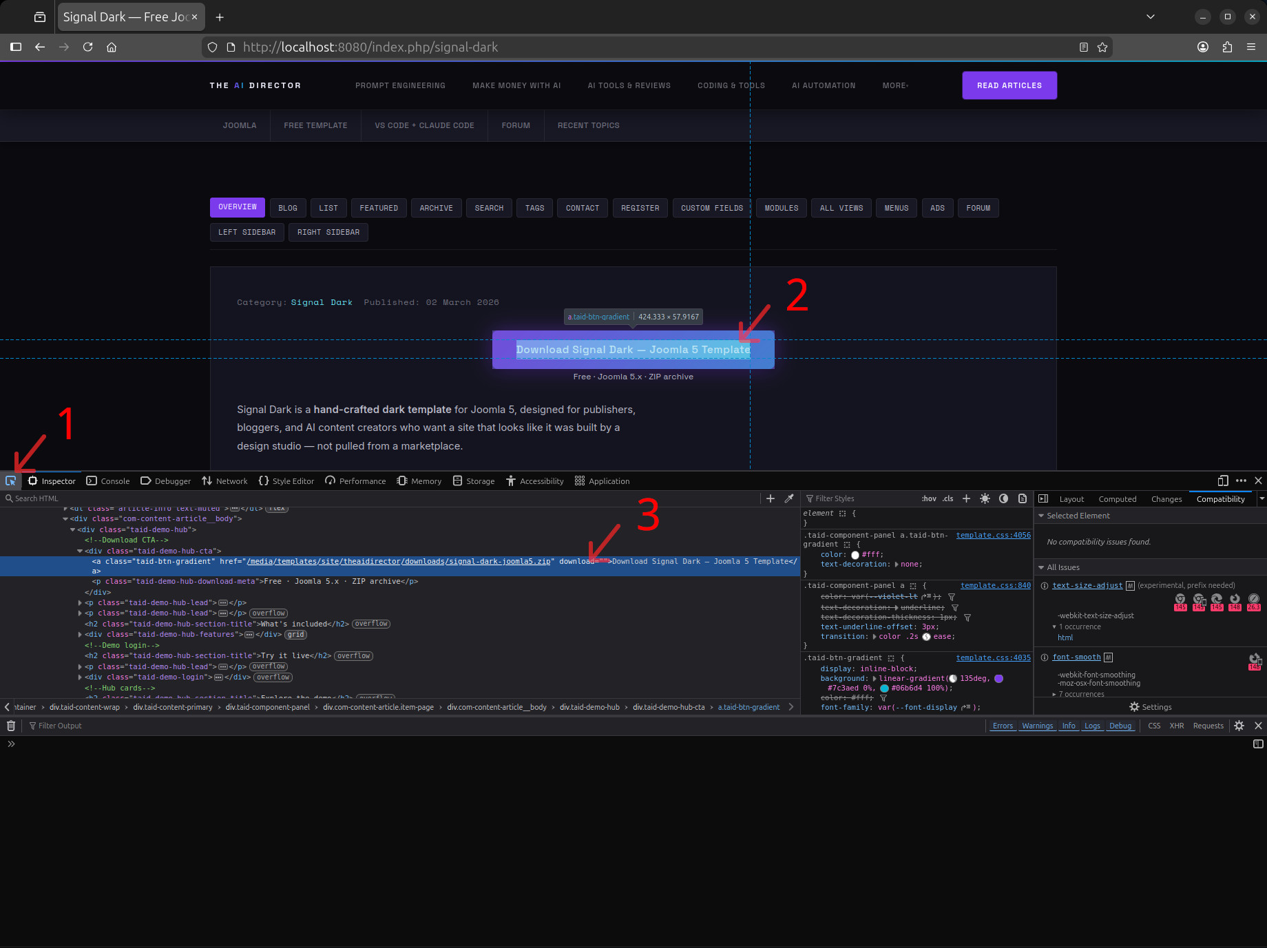 DevTools open — arrows show: 1. Inspector tab, 2. Element highlighted on page, 3. Element selected in HTML panel