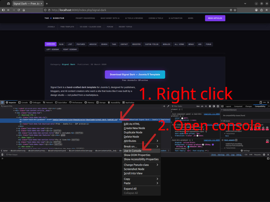 Right-click the element in Inspector — choose Use in Console