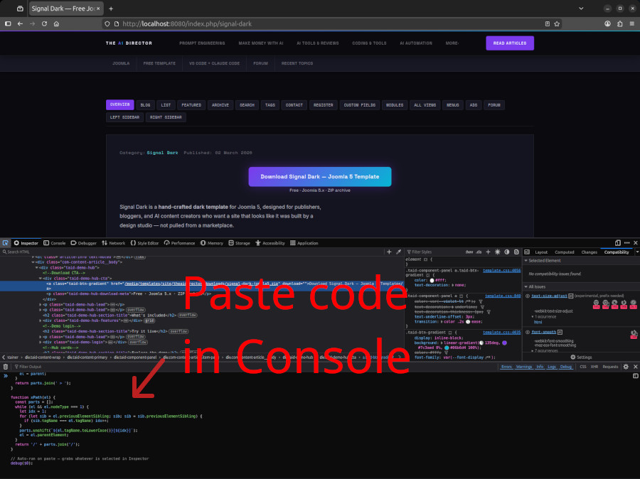 The debug script pasted into the Firefox Console
